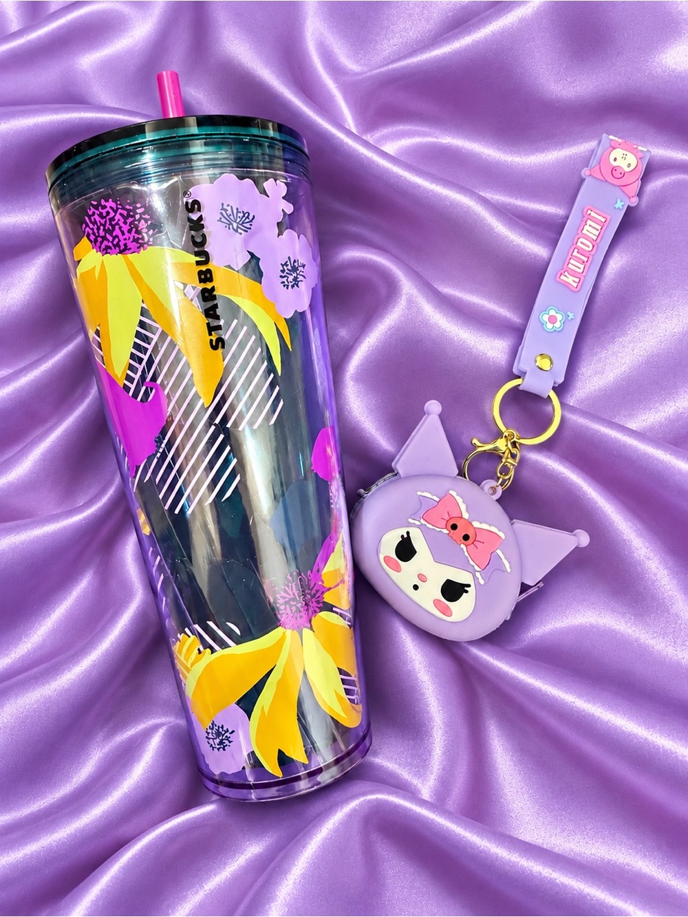 Starbucks Floral Tumbler Cup & Kuromi Zipper Pouch Keychain Bundle